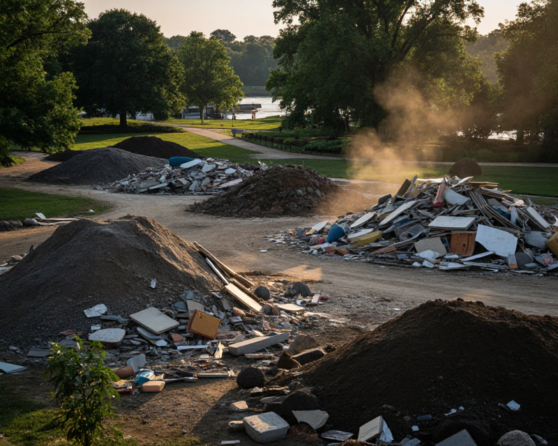 Construction debris in a park