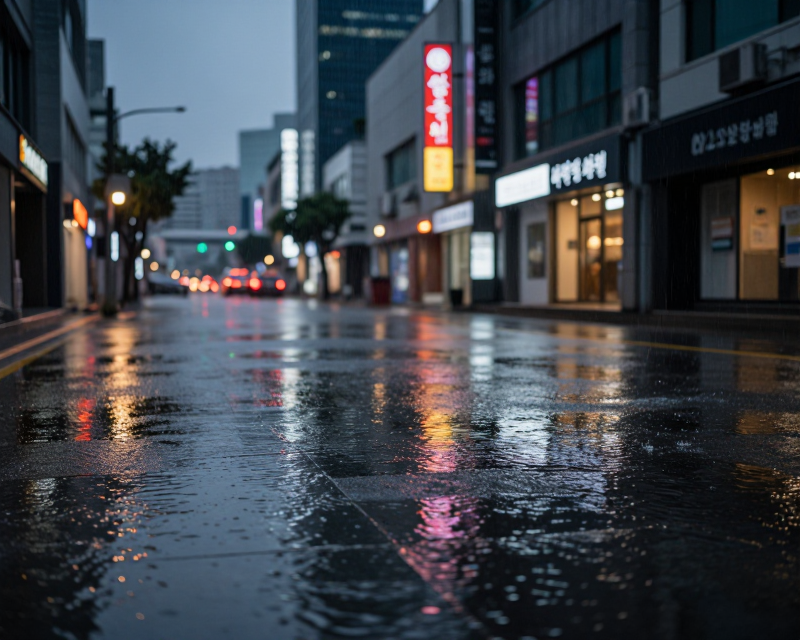 Heavy rain in Seoul urban street